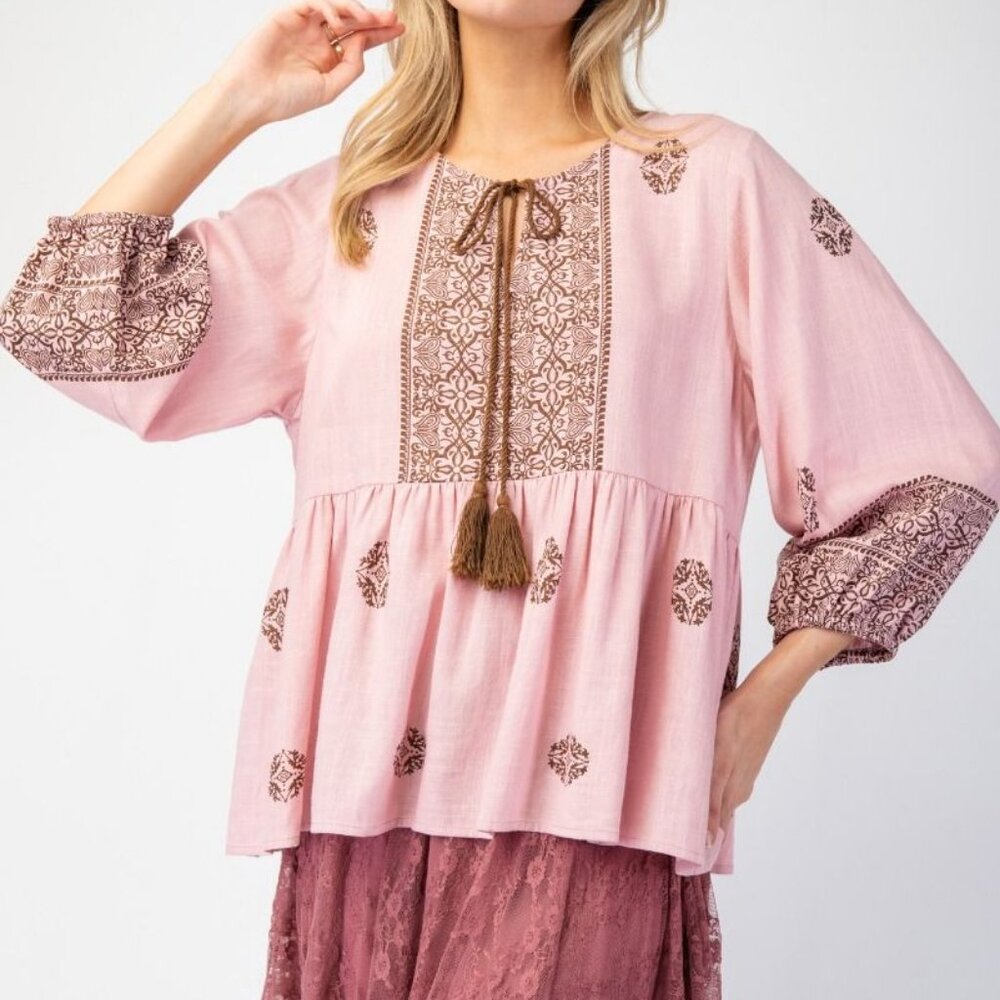 Boho Easel Tunic Printed Poly Linen, Tassel Tie, Ruffled Hem Dusty Rose S M L
